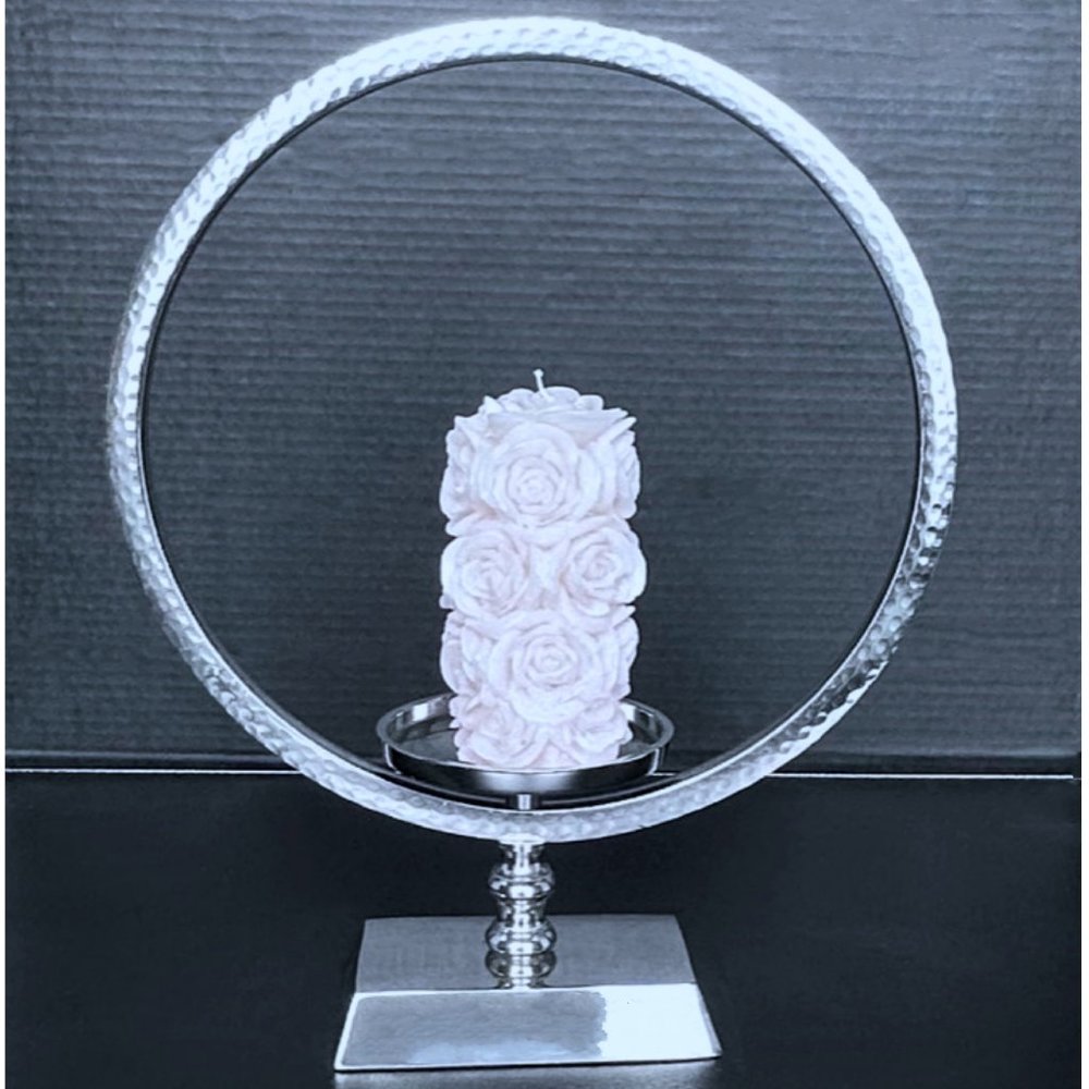 Pillar Candle Holder, Circular Silver Hammered Metal on Pedestal